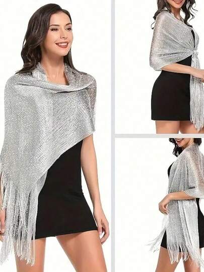 1件伊斯兰头巾包头巾时尚亮丽大披肩沙滩巾防晒披肩头巾金银色闪亮围巾女士蕾丝流苏派对晚礼服围巾