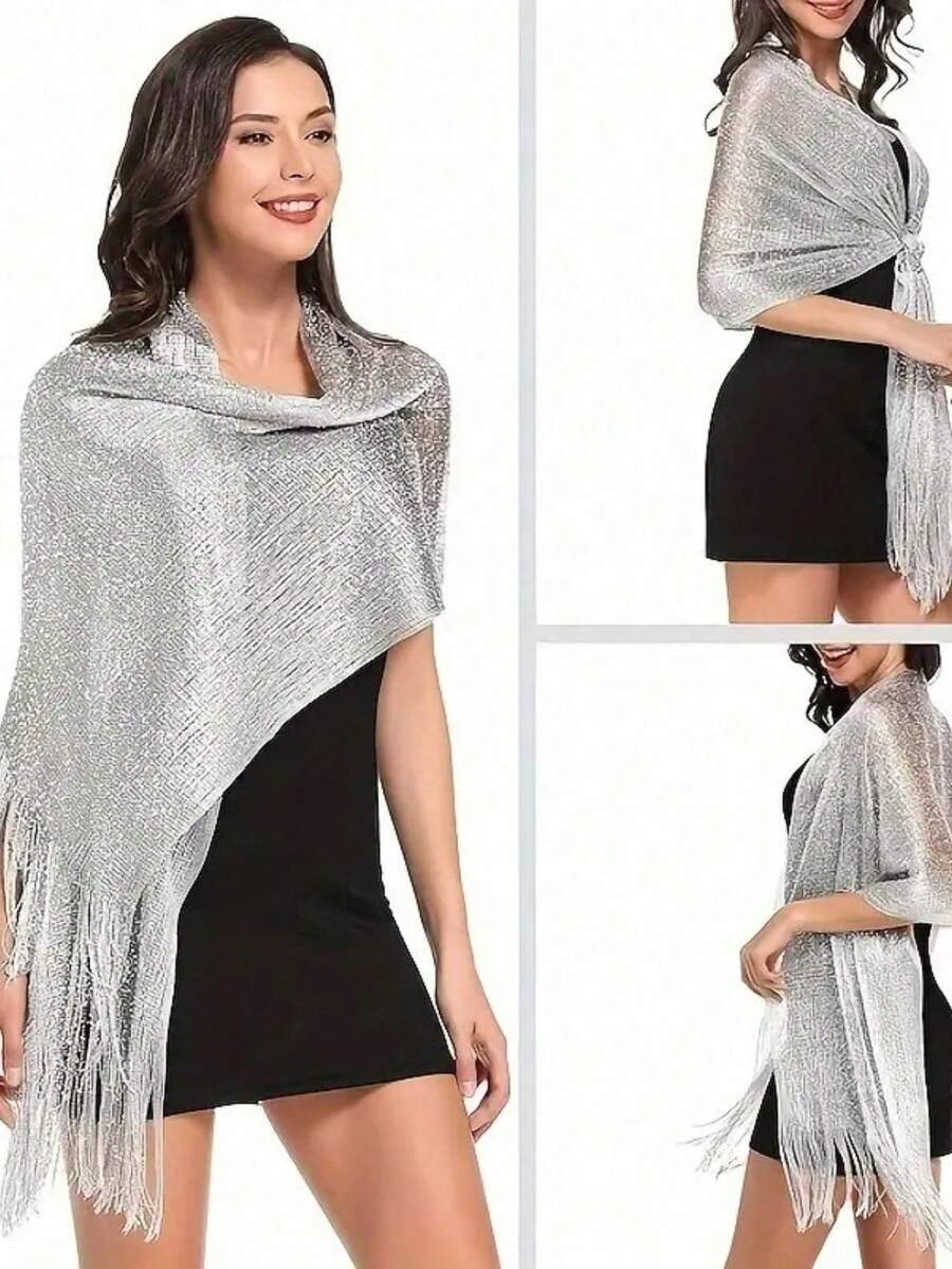 1件伊斯兰头巾包头巾时尚亮丽大披肩沙滩巾防晒披肩头巾金银色闪亮围巾女士蕾丝流苏派对晚礼服围巾 - 彩色 - 查看 1