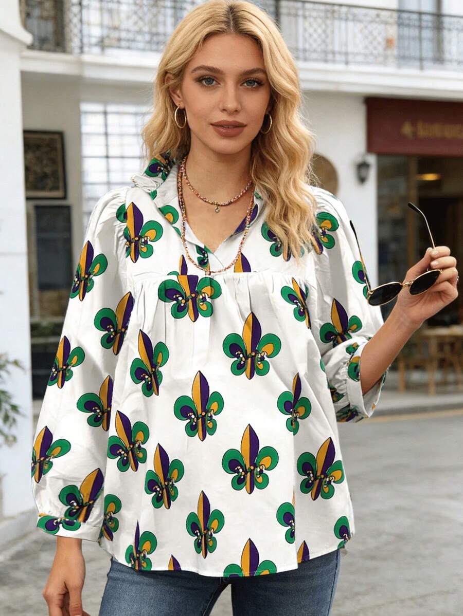 Mardi Gras Fleur-De-Lis Print Puff Sleeve Oversized Blouse - trắng - Xem 1