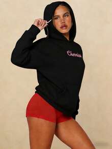 Long Sleeve Top Sweatshirt Front And Back Cherry Pattern Women Women Solid  Cherry Leopard Casual Daily Pullover Hooded Top Pocket Drawstring Hoodie - Đen (NÓNG) - Xem 3