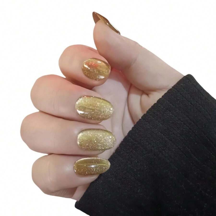 Cat Eye Press On Nails Handmade Short Oval\/Square\/Round False Nails With French Tip\/Aurora\/Magnetic Shimmer Designs (Side#Princess Palace, Large) - ColorEE - 查看 1