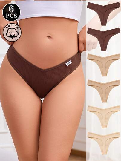 6pcs/Pack Cotton Stretch Sexy Thong Panties, Comfortable Low Waist Underwear For Women, Multi-Color Daily Lingerie & Sleepwear