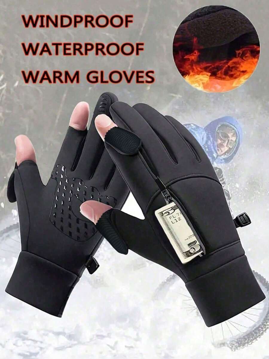 1 Pair Winter Windproof Waterproof Touchscreen Warm Gloves, Suitable For Outdoor Cycling, Fishing, Running, Skiing, Driving, Men's Anti-Slip Cold-Proof Touchscreen Gloves, Ideal Gift Choice - Multicolor - View 1