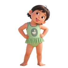 Traje de baño de una pieza con volantes, estampado de pato de dibujos animados lindo y cuadros verdes para niñas - Multicolor - Ver 3