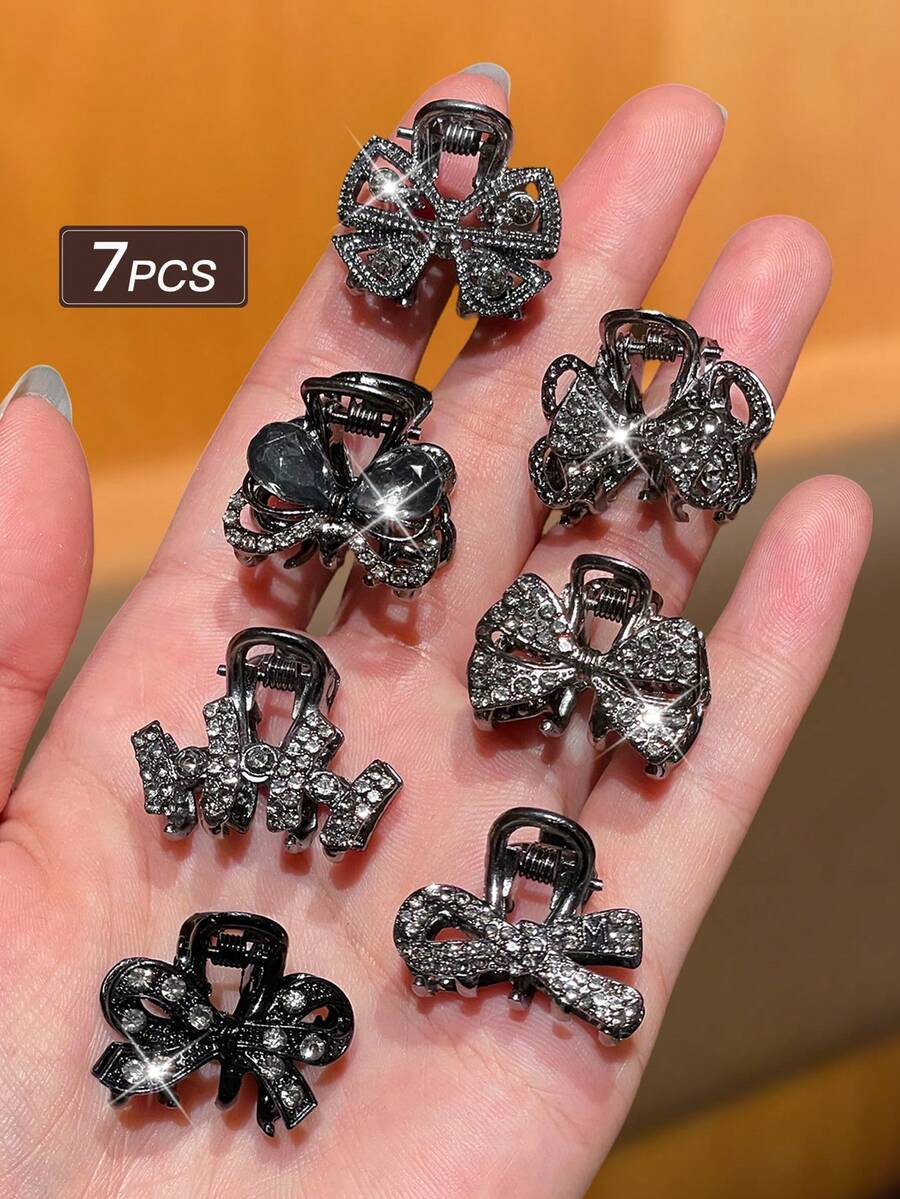 7件套女士发夹,黑色,时尚迷人,优雅闪亮水钻,蝴蝶造型,款式多样,适合派对、晚宴等场合,女士发饰,女士礼物,优雅爪夹,夏季穿搭 - 彩色 - 查看 1