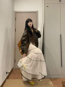 Romantic Elegant Pleated Lace A-Line Skirt For Women, Spring/Autumn, Underskirt, Wedding Dress - Apricot - View 4