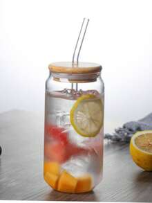 1个玻璃杯，饮料杯，冷饮杯，奶茶杯，咖啡杯，果汁杯，旅行杯/竹制防漏盖带吸管，可重复使用/夏季清凉饮品，适合家庭、办公室、学生、成人、朋友使用