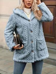 Transitional Weather Essential: Plush Textured Coat With Hood – Snug Fleece Material Keeps You Warm In Cool Early Spring Days & Chilly Winter Evenings. Designed With Functional Pockets, Classic Button Front, And A Soft, Tactile Finish For Cozy, Stylish Wear. - Màu xanh lam - Xem 3