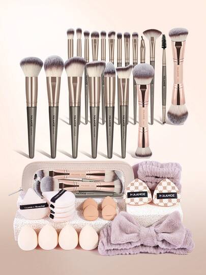 MAANGE 2/18/20/39 piezas Juego de brochas de maquillaje profesional, con 15 piezas de accesorios de borlas, 3 diademas para lavarse la cara y 1 bolsa de maquillaje, incluye brochas para base, contorno, rubor, polvos, sombras de ojos, delineador, cejas, corrector, iluminador y difuminador. Herramientas de maquillaje con fibras suaves para llevar fácilmente, set para viajes, regalo para mujeres y niñas, obsequios, brochas de maquillaje profesionales, juego de maquillaje completo
