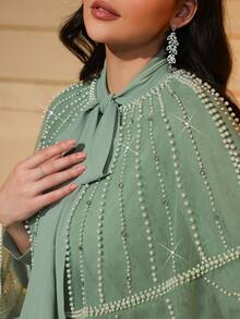 Elegant Women's Pleated Maxi Dress With Beaded Pearl Cape And Round Neck Long Sleeves Non-Stretch Fabric For Special Occasions - Mint Green - View 9