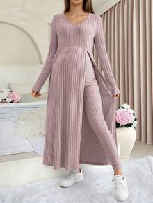 2pcs Maternity Casual Set, Pink/Light Pink Ribbed Long Sleeve V-Neck Slit Front Top With Belly Support Pants, Fashionable & Comfortable Maternity Nursing Wear Spring - Pink - View 4
