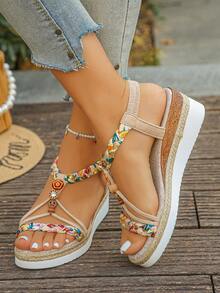 1 par de sandalias planas con cuña de suela gruesa y estilo retro tejido con 3 flores para adolescentes - Multicolor - Ver 7