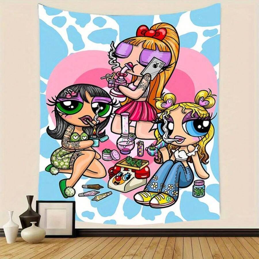 Chic Cartoon Woman Smoking Tapestry - Wall Hanging Decor, Durable Polyester, Multiple Sizes, Perfect For Bedroom & Home Office Decoration - 尺寸 - 查看 1
