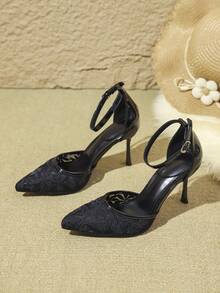 1 Pasang Sepatu Hak Tinggi Stiletto Ujung Lancip Motif Jala Patchwork untuk Wanita - Hitam - View 5