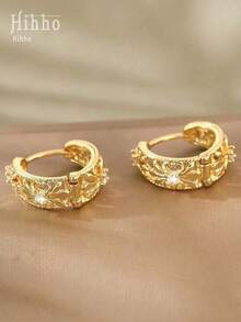 Hihho 1pair Vintage Copper Inlaid Zirconia Hollow Geometric Circle Design Earrings With Retro Patterns For Women, Fashionable Ear Decorations And Festival Gifts - 金黃色 - 查看 3
