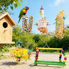 Giocattolo colorato per uccelli con campanelli, trespolo in corda per pappagalli da masticare, strappare, frugare, adatto anche come altalena, giocattolo per arrampicarsi, stare in piedi e appendere, accessorio per gabbia di pappagalli, adatto per cocorite, conuri, inseparabili, ecc. - Multicolore - Visualizzare 6