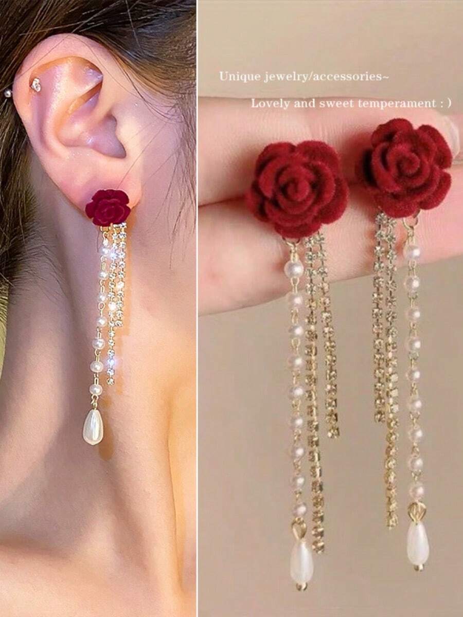 1 Pair Elegant Burgundy Flocked Flower & Pearl Drop Earrings, French Vintage Heart Rose Chain Dangle Earrings For Women Valentines Valentine's Day Gift For My Girlfriend Gift For Boyfriend Valentines,Day Gift, Mom,Mother,Mother's Day, Love Gift For Lovers Gift For My Girlfriend Couple Jewelry Accessories - Đỏ - Xem 1