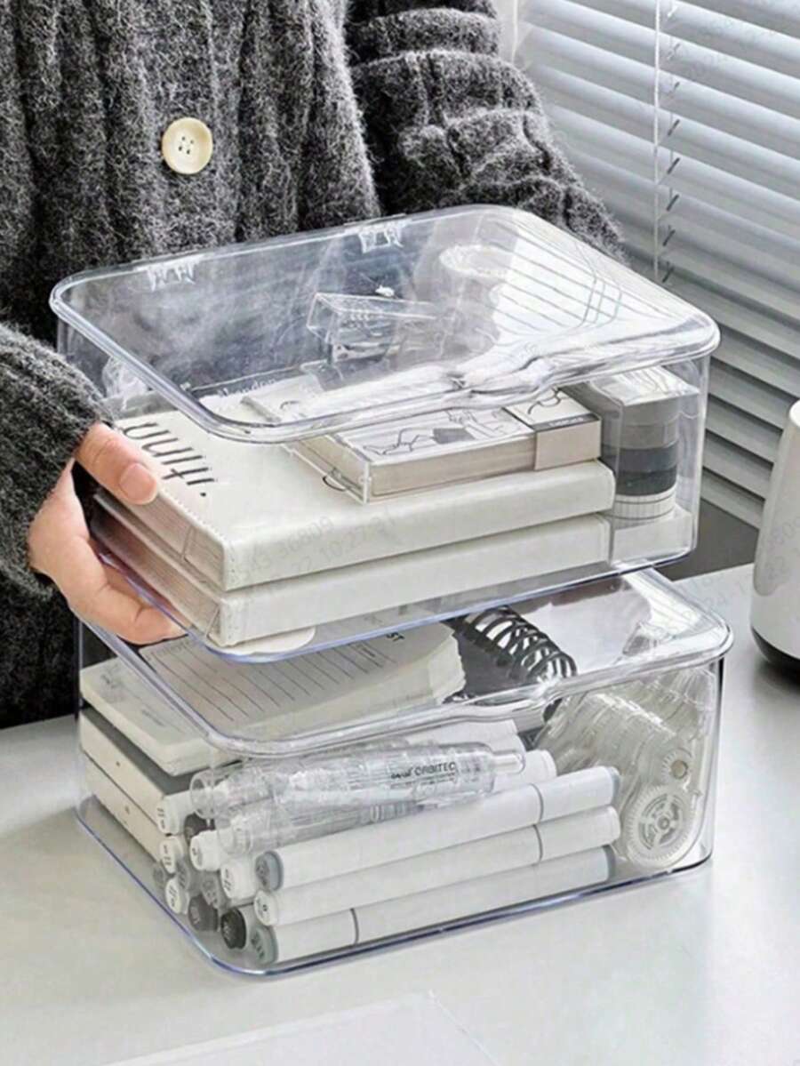 1pc Transparent Acrylic Desktop Storage Box With Lid, Dust-Proof Stationery Organizer Box, Office Desk Supplies Storage Box, Multi-Purpose Storage Box For Home And Office, Can Also Be Used To Store Cosmetics, Makeup Tools, Face Masks, Jewelry, Hair Accessories, Room Decor, Back To School Supplies, And Bathroom Items. - Transparent - View 1