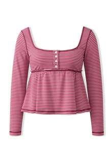 Women Long Sleeve Babydoll Tops Slim Solid/Striped Square Neck Crop Shirts For Spring Fall - Red - View 1