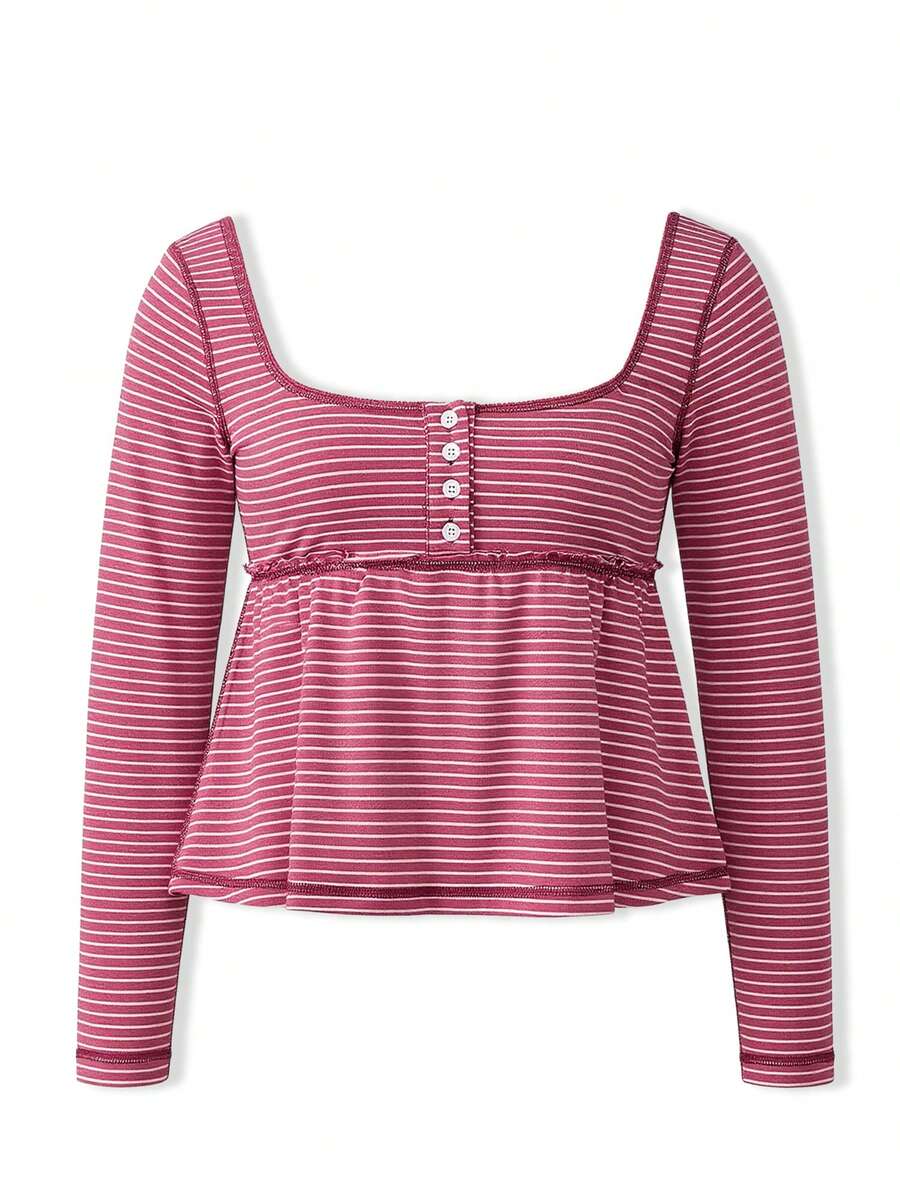 Women Long Sleeve Babydoll Tops Slim Solid/Striped Square Neck Crop Shirts For Spring Fall - Red - View 1