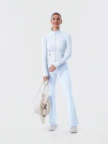 Women's Long Sleeve BBL Jacket With Pockets And Thumb Holes, Running Workout  Activewear Top - Starch Blue/Gold - 查看 5