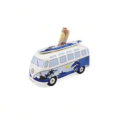 BRISA  Collection  Savings Bank Piggy Bank Money Coin Box With Surfboard In T1 Bus  Design Flower Power/Red