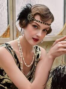 1920年代复古时尚羽毛头饰，镶嵌水钻，适合万圣节、派对、婚礼、庆典等场合。