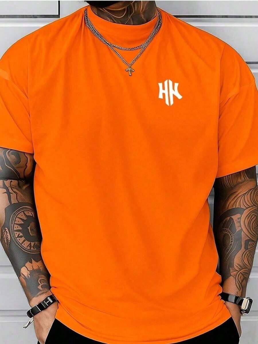 Men's T-Shirt With Minimalist 2H Print, Short-Sleeved Cotton T-Shirt With Round Neck, 2H Lettering. - 橘色 - 查看 1