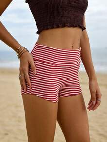 Women's Fold Over Shorts Casual Slim Fit Stylish Striped Elastic Mid Rise Shorts - Red - View 2