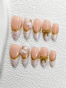 10pcs Romantic French Manicure Stickers, Handmade Nail Art Set, Gold Bow Nail Decor, "White Moonlight" Nail Art, Handmade Floral Artistic Decor, Gold-Plated White Spiral Pattern Gel Manicure, 3 Sizes Available: Almond, Duck Mouth, Coffin, Includes Tool Kit, Suitable For Women And Girls, Suitable For Parties, Celebrations, Birthdays, Weddings, Daily Wear Nails Nail Supplies Handmade Press On Nails - 彩色 - 查看 19
