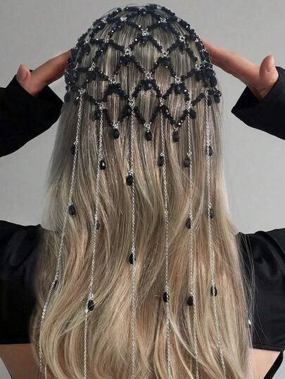 1pc Vintage Inspired Black Pearl Mesh Headband, Elegant Formal Hair Accessory
