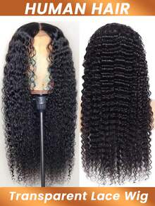 Deep Wave T4*4 Transparent Lace Front Wig Pre Plucked With Baby Hair Curly Wave Human Hair Wigs For Women 180% Density - Natural Black - View 4