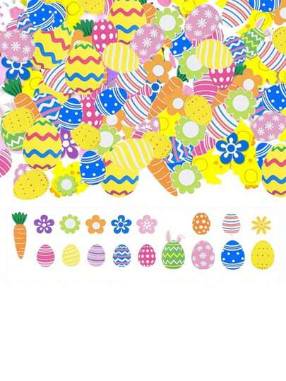 100张复活节泡沫贴纸 - 色彩缤纷的春季兔子、小鸡和彩蛋图案，适用于复活节彩蛋寻宝派对装饰、春季手工制作、派对礼品和公告栏装饰