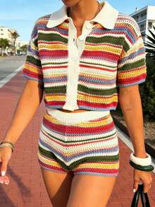 女士时尚休闲条纹修身短裤，适合海滩度假、春夏穿着 - 彩色 - 查看 6