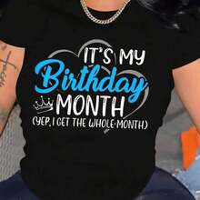 Women's Happy Birthday Graphic Tee - Short Sleeve, Crew Neck, Black With Blue Lettering & Crown Design, Casual Casual Attire For Outdoor Activities, Casual Wear Tee    Casual Style Shirt    Knitted Fabric, Birthday Shirt - Negro - Ver 1