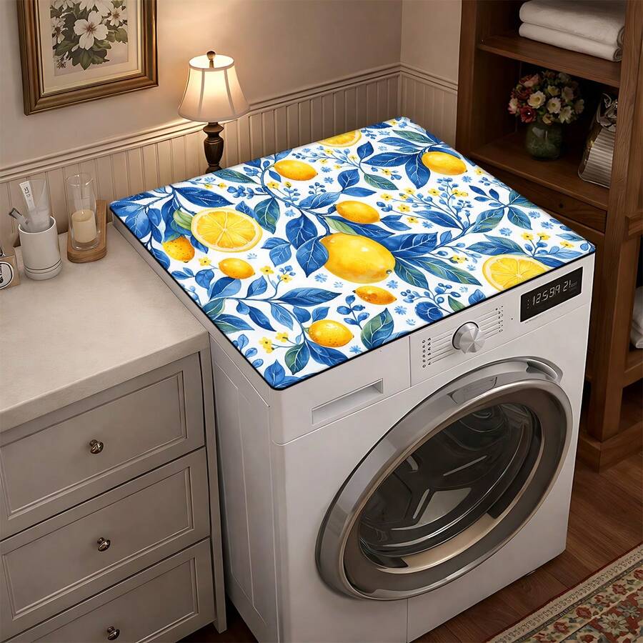 1件复古柠檬图案印花洗衣机防尘垫，橡胶软底，洗衣房配件，洗衣机顶部保护垫，速干，冰箱防尘罩，咖啡机台面吸水垫，硅藻土沥水垫，现代洗衣房和厨房电器洗衣机和烘干机防尘罩，家居装饰，厨房和餐厅装饰