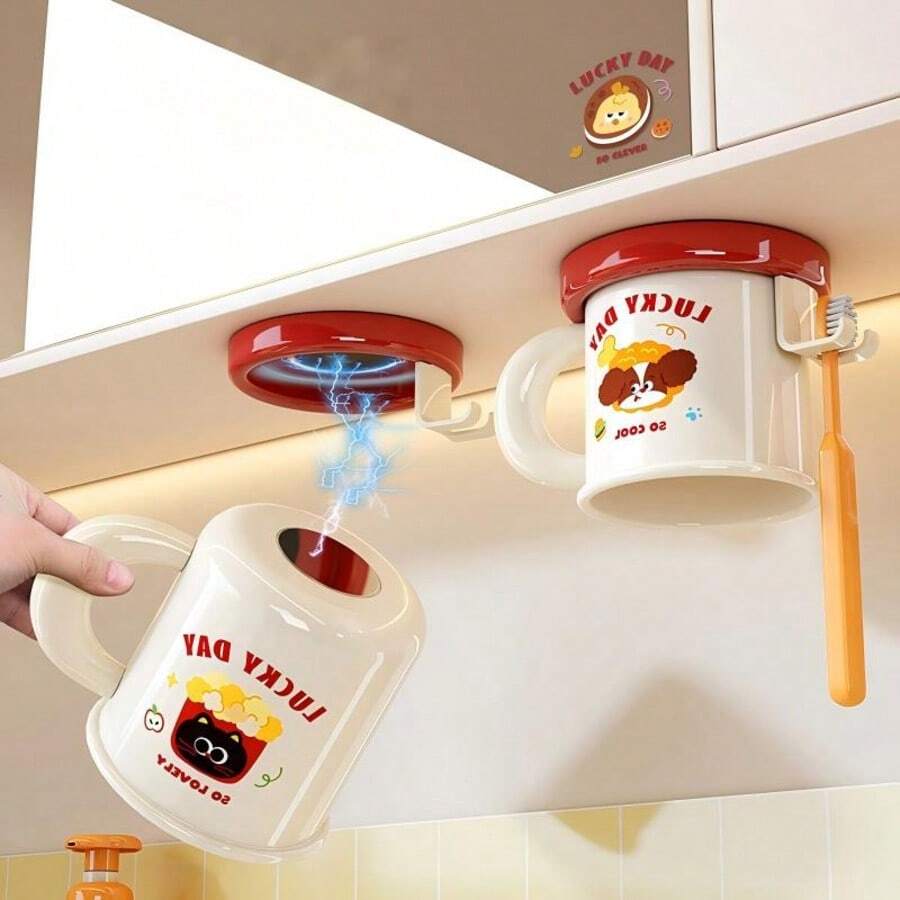 1pc Cute Pet Pattern Wall Mounted Toothbrush Holder Cup With Toothbrush Hook, Bathroom Vanity Storage Cup, Wall Mounted Toothbrush Cup - Multicolor - View 1