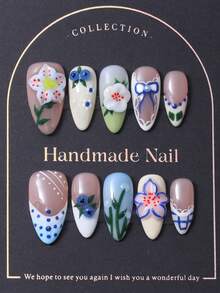 10片/套，欧美手工杏仁美甲贴纸，Y2K多色法式风格，3D手工白色雕刻，3D手工蓝莓，手绘绿叶波点图案，美甲装饰。包含1片果冻胶和1把指甲锉。适合日常佩戴，也适合科切拉音乐节等场合的造型。美甲贴片及美甲护理产品。手工美甲贴片。 - 彩色 - 查看 2