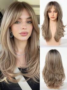 22 Inch Long Dark Ombre Brown Wavy Wigs For Women Synthetic Wigs With Bangs Long Natural Hair Wig With Bangs Use Daily Party Cosplay Heat Resistant Fiber - Brown - View 2