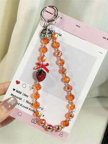 1件装时尚红色水晶草莓蝴蝶结橙色透明串珠通用手机挂绳、相机挂绳、钥匙扣吊坠、防丢腕带配件，兼容安卓及大多数智能手机，送给母亲、家人、朋友、孩子、生日、节日的礼物 - 橘色 - 查看 3