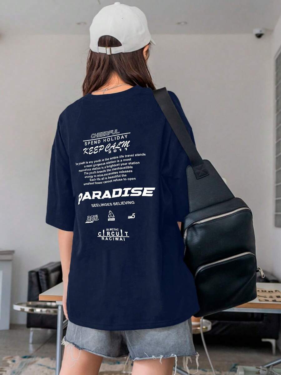 Women's Oversized Printed T-Shirt - Cheerful Paradise Phrase - Loose, Casual, Stylish, Modern, And Cool Blouse - 藏蓝色 - 查看 1