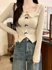 复古美式时尚蝴蝶结领长袖T恤，女士短款修身休闲T恤，2025秋季款 - 杏色 - 查看 2