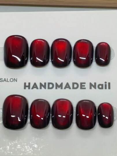 10 Pieces Of Pure Handmade Press-On Nails, Short Oval-Shaped, Red, Y2K Minimalist And Gentle Style, Cat-Eye Solid Color With Subtle Shimmer, Suitable For Women And Girls, Perfect For Autumn And Winter Seasons, Christmas Parties, And Daily Use.