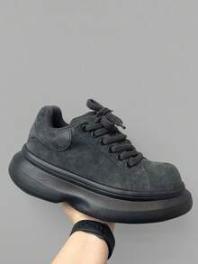 Thick Sole Fashionable Casual Sneakers, Niche Design Custom Stylish Height Increasing Shoes - Black - View 3