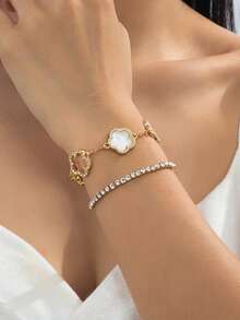 1pc Elegant Luxury White Clover Hollow-Out Rhinestone Bracelet, 1pc Fully Rhinestone Elastic Bracelet Set, Women Jewelry Gift For Valentine's Day - White - View 3