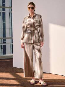 Sollinarry Women's Autumn New Fashion Striped Pressed Line Pocket Decor Long Sleeve Top And Pants Casual 2-Piece Set, Old Money Style, Teacher Outfit, Random Stripes - Red and White - View 8