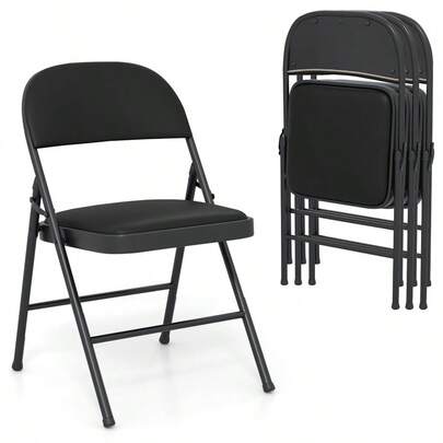GOFLAME 4 Pack Folding Chairs Padded Party Chairs With Metal Frame-Black