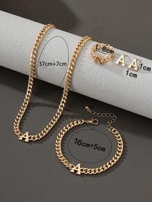 1條金屬時尚經典厚鍊字母吊墜項鍊,1個手鐲,1只戒指,1對耳環套裝 - 金黃色 - 查看 10