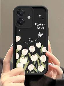 1pc Minimalist Creative Personalized Premium Cute Mobile Phone Case Compatible With Samsung S25Ultra/S25Plus/S25/S25FE/S24Ultra/S24Plus/S24/S24FE/S23Ultra/S23FE/S23/S23+/S22Ultra/S22/S22+/S21Ultra/S21FE/S21/S21+/S20Ultra/S20FE/S20/S20+/A73/A72/A55/A54/A53/A52, Redmi Note 14 Pro+ 5G, P30, Honor X6b, OPPO A74, Realme C53, Realme Narzo N53, 2D Tulip Shiny Butterfly Eye Gradient Design - Black - View 1