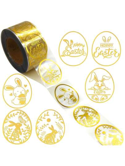 500pcs/Roll Golden Foil Transparent Rabbit Doodle Roll Stickers, 1-Inch 6-Design Easter Egg-Shaped Handmade Gift Envelope DIY Decorative Stickers, Festival Party Decoration Stickers, PVC Adhesive Sealing Stickers
